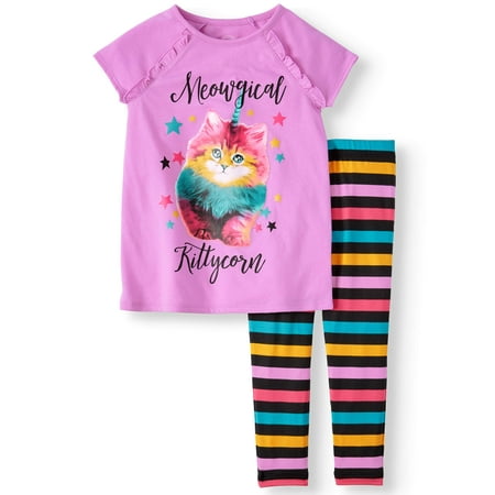 Wonder Nation Short Sleeve Ruffle Top and Printed Legging, 2-Piece Outfit Set (Little Girls & Big (Best Outfits For Short Legs)