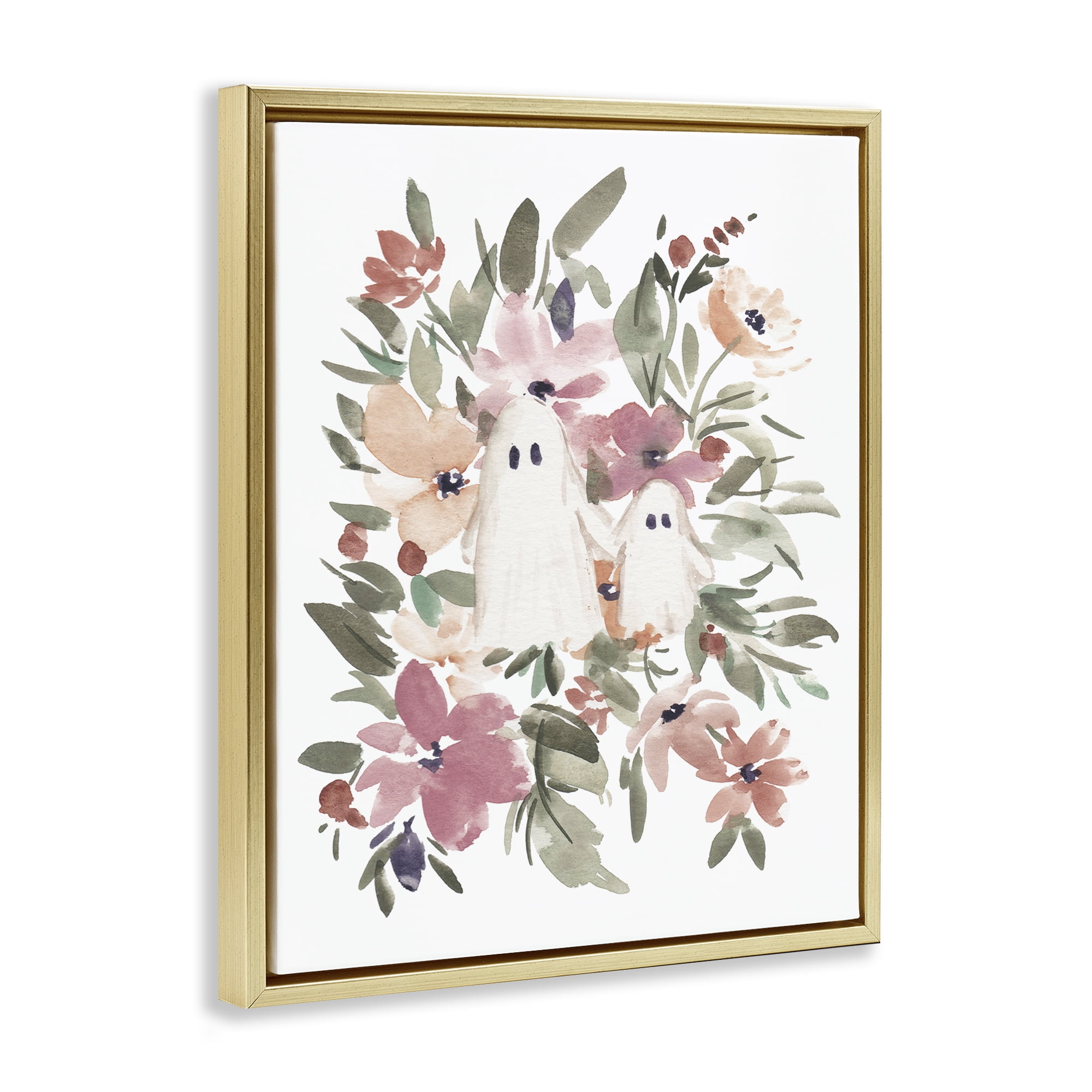 Stupell Industries Little Floral Ghosts Holiday Painting Gold Floater Framed Canvas Art Print Wall Art, 25 x 31