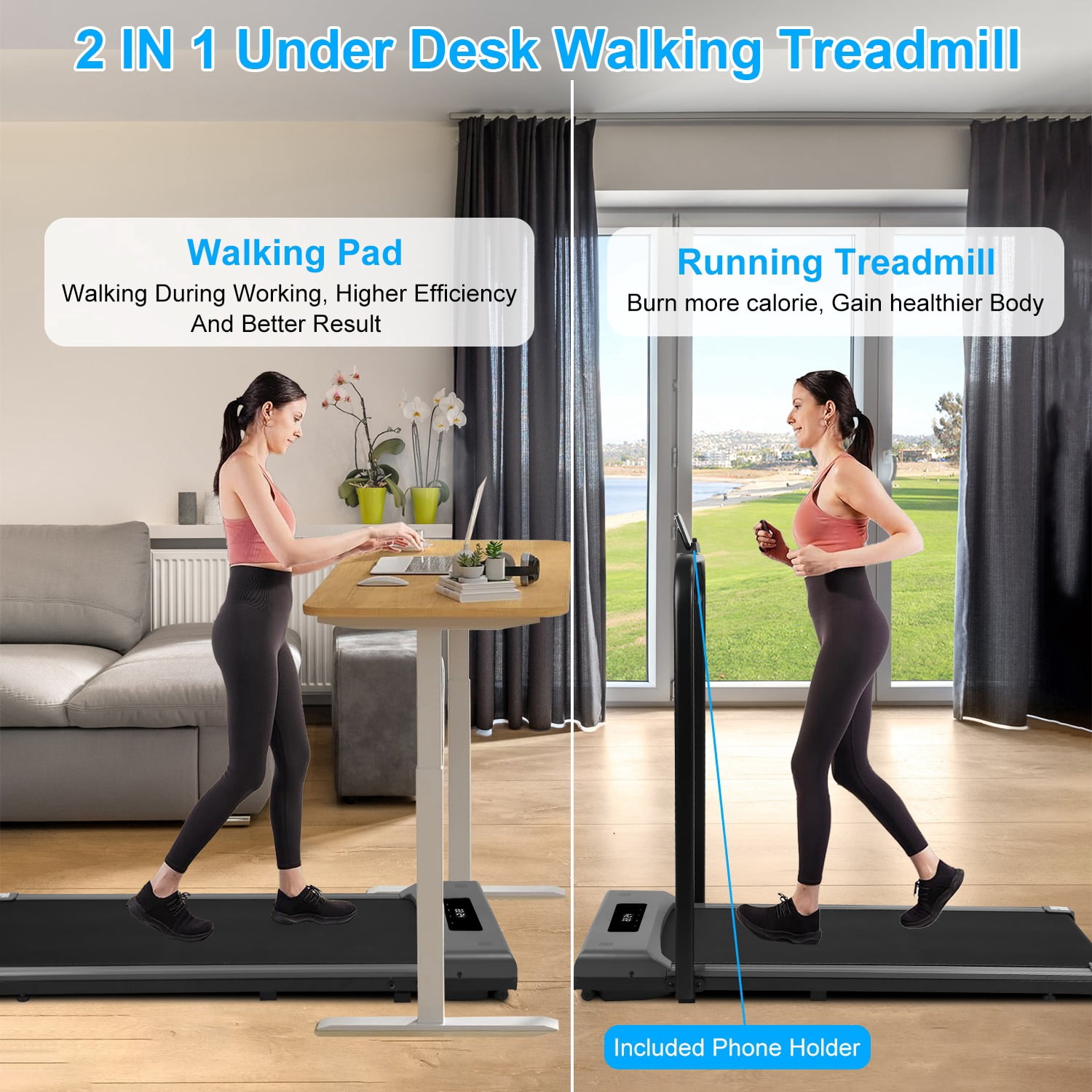 Moclever 2 in 1 Under Desk Folding Treadmill 1-10km/h Walking Pad with Remote Control Wireless App Control Free Installation Jogging Machine for Home Office, Black