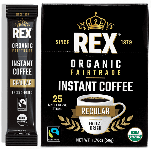 Rex Coffee Organic Fairtrade Freeze-Dried Instant Single-Serve Sticks, Medium Roast, 25 Count