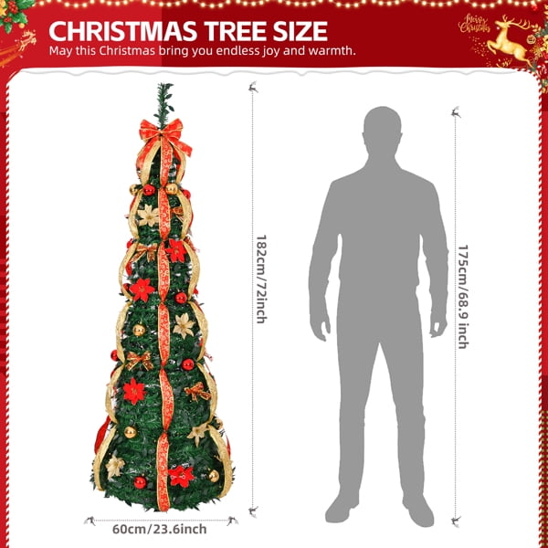 6FT Pre-Lit Pop-Up Christmas Tree - Fully Decorated, 150 Warm White LEDs, PVC Material, Indoor Decor for Home/Office/Entryway