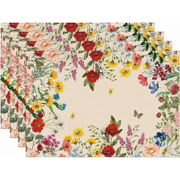 Vintage Floral Spring Placemats Set of 4, 12x18 Inch Seasonal Holiday Table Mats for Party Kitchen Dining Decoration