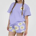 thumbnail image 2 of DJDLJWCJ 2 Piece Girls Short Sleeve Tee and Shorts Set Summer Crewneck Tee Shirts with Stretch Soft Elastic Waist Shorts Purple Size 9, 2 of 6