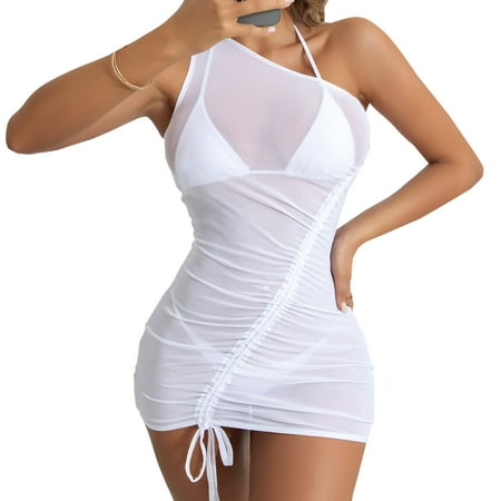 Rovga Women S Swimwear Cover Ups Solid Color Sleeveless Ladies Ruffle Trim Sheer Beach Drawstring One Shoulder Cover Up Dress Cover Up Mini Dress Beach Wrap Bikini Shiny Wraps Cover Ups Dress L White