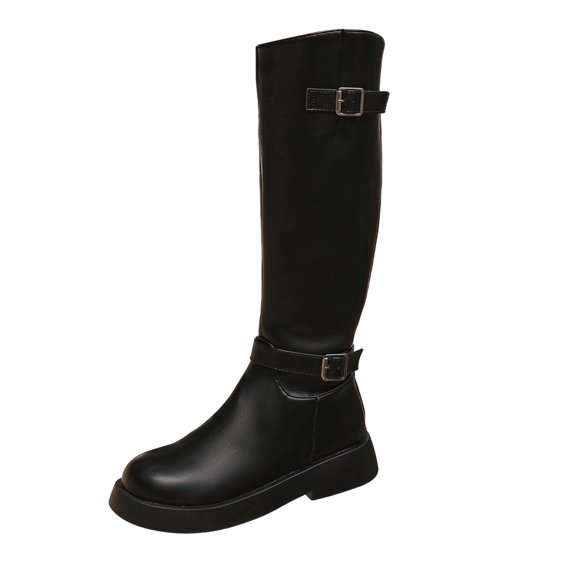 I-550 Black Womens Fashionable Casual Winter Knee High Boots Round Toe Rear Zipper Low Heel Belt Buckle