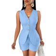 thumbnail image 2 of Joernso Women's Summer 2 Piece Outfits Sleeveless V Neck Button Down Vest Top Lace-up Shorts Set Casual Office Lady Business Suit, 2 of 8