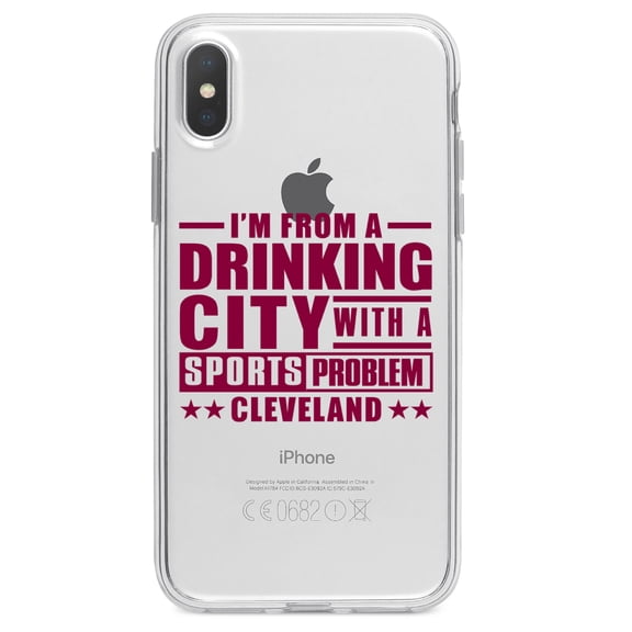DistinctInk Clear Shockproof Hybrid Case for iPhone XS Max (6.5" Screen) - TPU Bumper Acrylic Back Tempered Glass Screen Protector - Cleveland Drinking City Sports Problem
