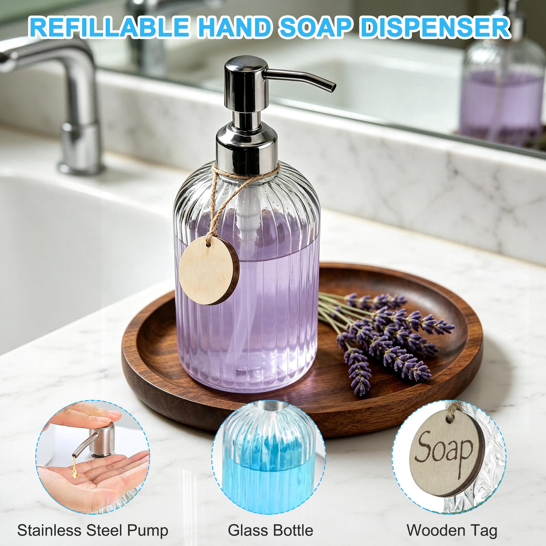 HOQBN 2 Pack Glass Soap Dispenser, Refillable Hand Soap & Dish Soap Dispenser with Stainless Steel Pump & Wooden Tag for Bathroom Kitchen