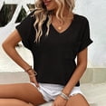 thumbnail image 2 of Delayuji Womens Knit Tops 2025 Spring Summer V Neck Shirts Casual Trendy Women's Blouses Basic Tee Black L Polyester Short Sleeve Shirts for Women, 2 of 5