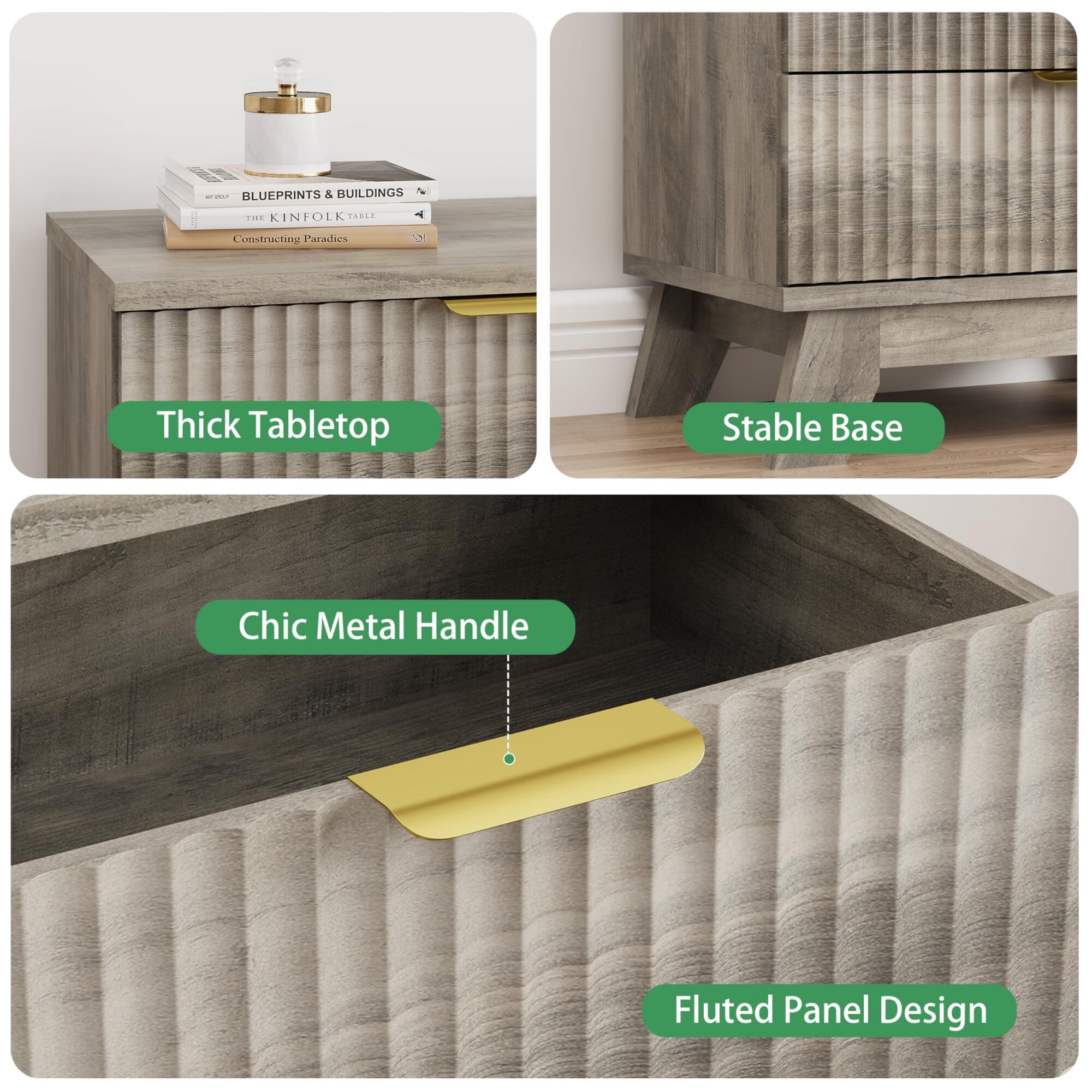 FANRAL Nightstand Set of 2,3 Large Drawer 30" Tall Night Stand,24" Wide Side Table,Wood Fluted Bedside Table Modern End Table Small Dresser for Bedroom,Gray Nightstand