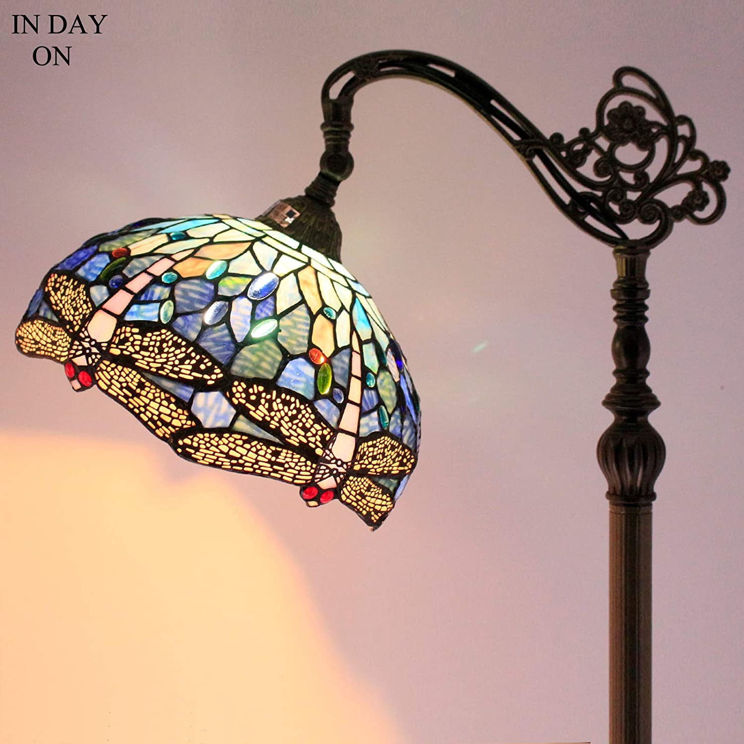Tiffany Floor Lamp 64"Tall Industrial Pole Vintage Boho Blue Stained Glass Dragonfly Standing Corner Bright Reading Light LED Arched Gooseneck Adjustable Living Room Kids Bedroom Farmhouse