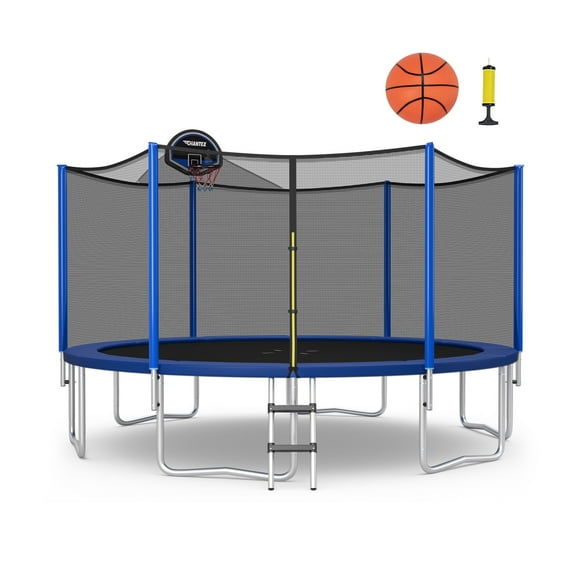 Patiojoy 12FT Trampoline w/ Basketball Hoop Outdoor Recreational Trampoline w / Enclosure Net & Ladder