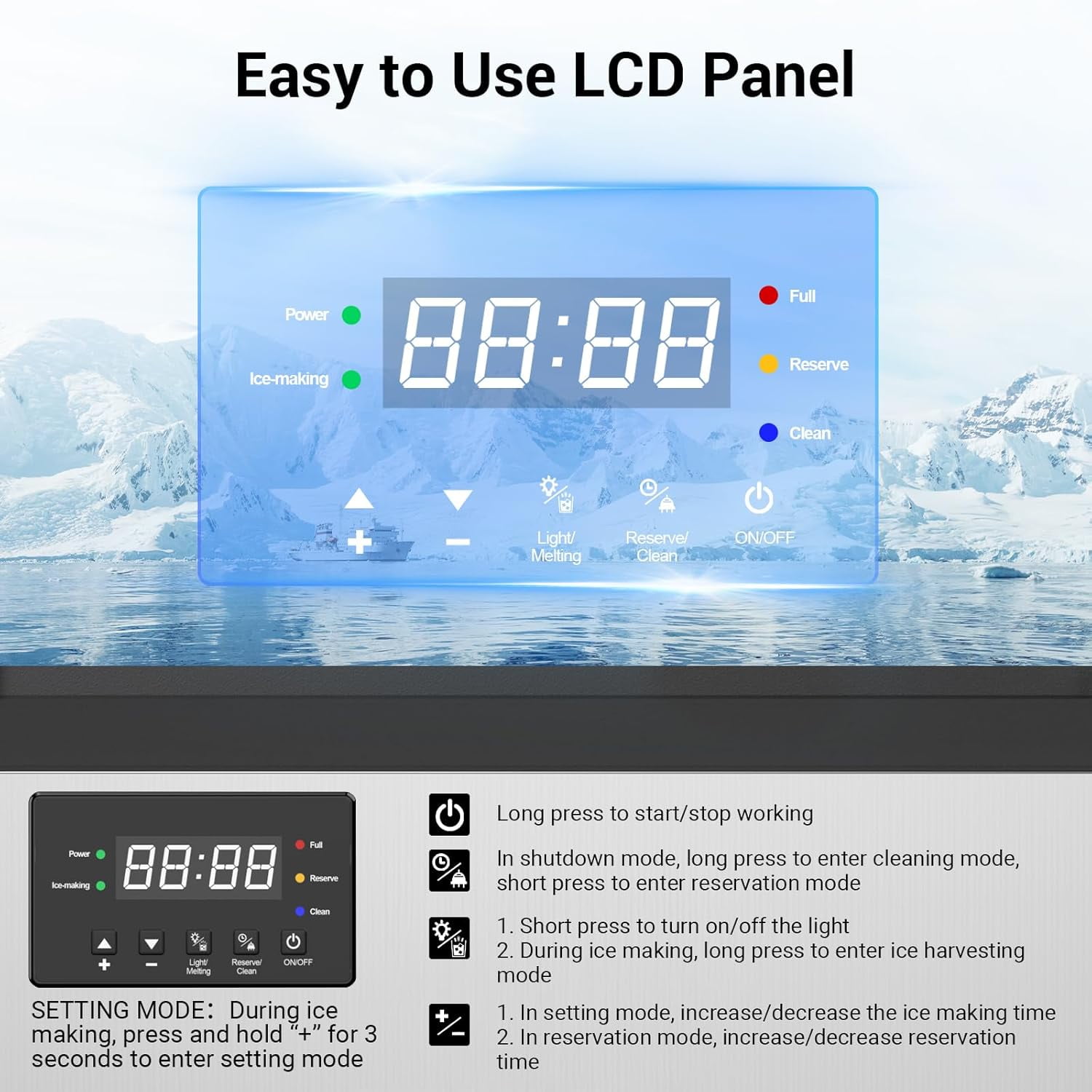 Self-Cleaning Commercial Ice Machine - 165LBS/24H Production, 132 Cubes per Cycle, Industrial Grade Stainless Steel with 12 Adjustable Thickness Settings