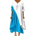 thumbnail image 1 of Pisexur Robes pour Femmes Mode Couleur Patchwork Imprimé Col en V Robe Maxi Été Décontractée Manches 3/4 Robe Soleil Élégante Ample Fluide Ourlet Irrégulier Bouton Robe de Plage Grande Taille Longue Robe P-5TG, 1 of 5