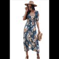 thumbnail image 2 of Vestido Bohemio de Verano para Mujer, Holgado, con Escote en V, Corta, Estampado Floral, Abertura, para Invitadas A Bodas en la Playa. Azul S, 2 of 10