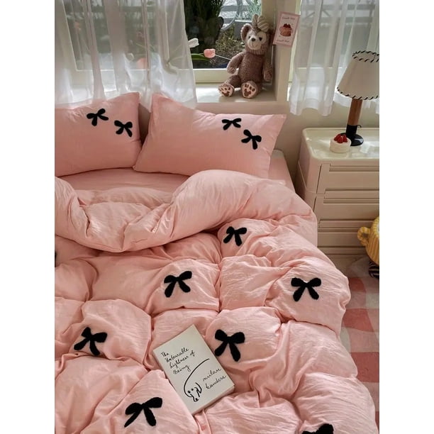 Princesa Bowknot Juego de Ropa de Cama Rosa Funda Nórdica Sábana Plana Niñas Color Sólido