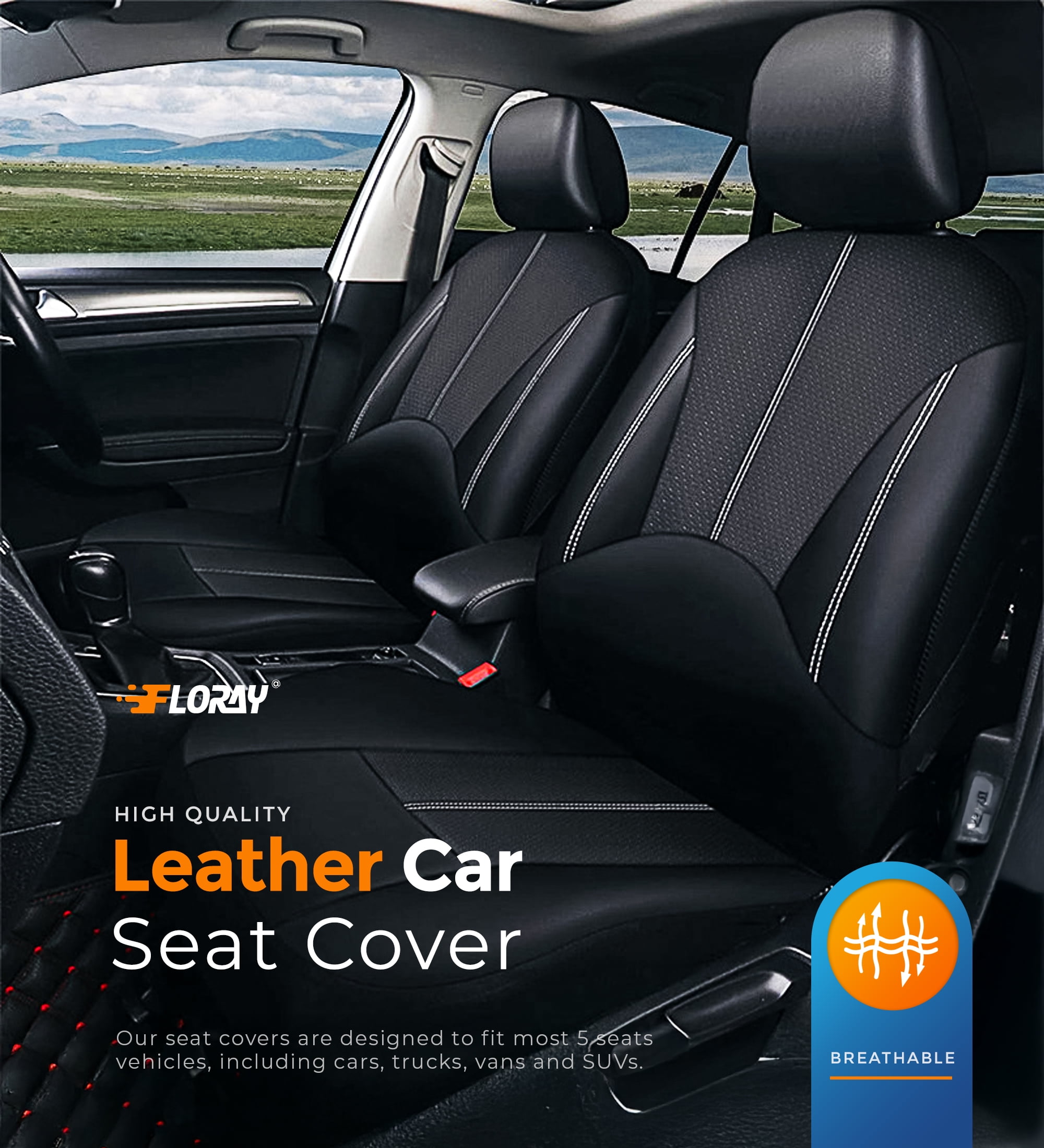 FLORAY Car Seat Covers for Compact Sedans, PU Leather 9-Piece Full Set, Front and Solid Rear Bench, Airbag Compatible, Black