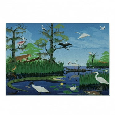 Animal Cutting Board, Digital Cartoon Print of Wild Fauna Around River Nature Themed, Decorative Tempered Glass Cutting and Serving Board, in 3 Sizes, by Ambesonne