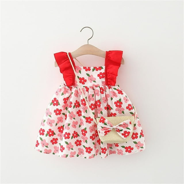 Économies d'Été! Robe d'Été pour Enfants, Robes Décontractées pour Filles en Liquidation, Robe d'Été Imprimée Sans Manches avec Sac pour Filles de 6 Mois à 3 Ans