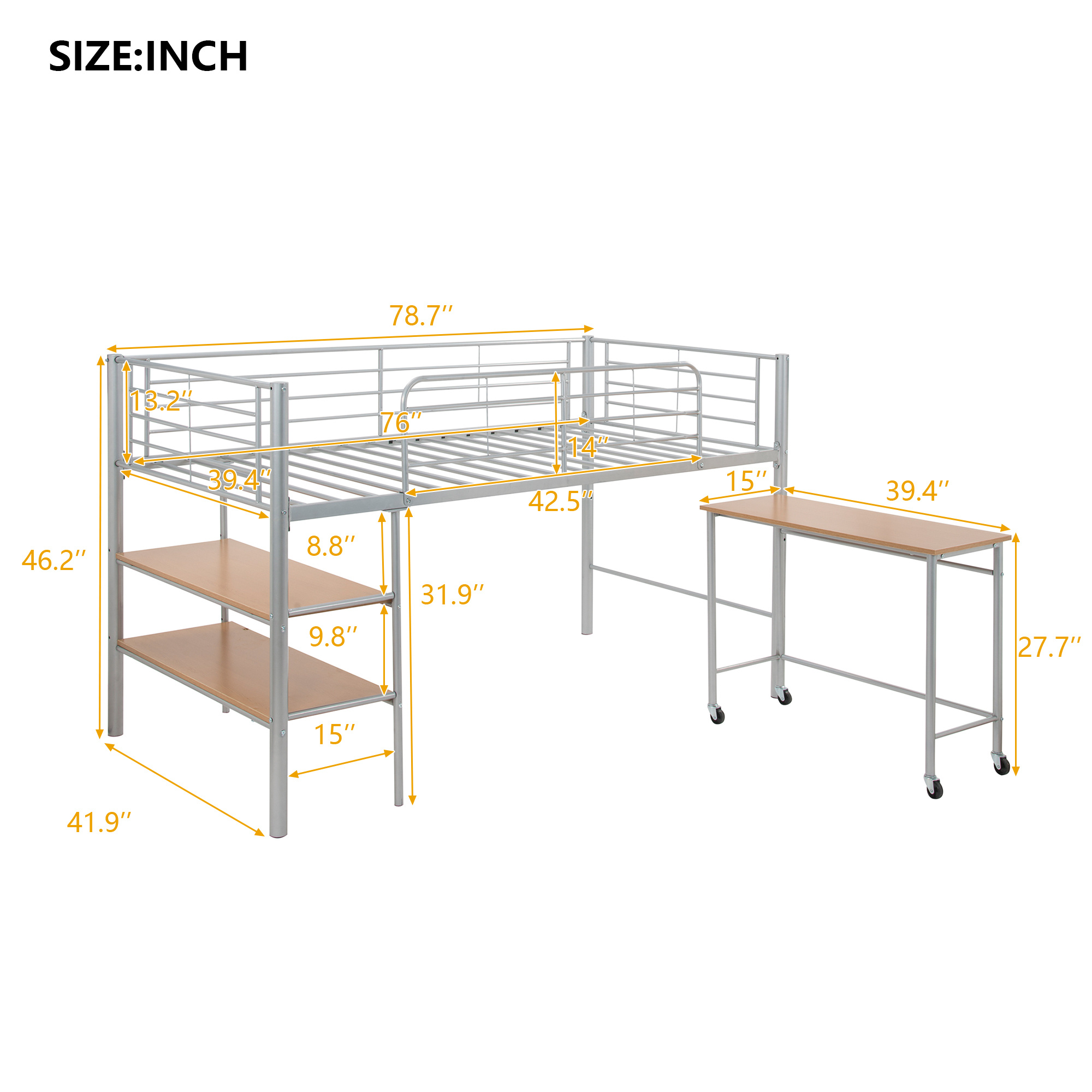 Metal Twin Size Bunk Bed with Movable Desk, Aukfa Kids Twin Size Low Loft Bed with Shelves and Guard Rail, Space Saving Loft Bed Frame, No Box Spring Needed, for Teens/Boys/Girls, Silver - image 4 of 8