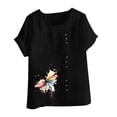 thumbnail image 4 of Women's Linen T Shirts Plus Size Crew Neck Short Sleeve Floral Print Pullover Tops Casual Loose Blouse (4XL, Black-E), 4 of 5