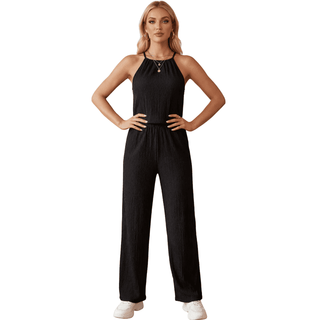 Conjunto Elegante de 2 Piezas para Mujer, Top Halter y Pantalón de Corte Recto, Look Sofisticado y Moderno