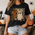thumbnail image 2 of Floral Ghost Halloween T-Shirt, Retro Daisy Checker Graphic Tee, Comfort Colors Spooky Season Fall Apparel Gift for Women - Black, S, 2 of 5