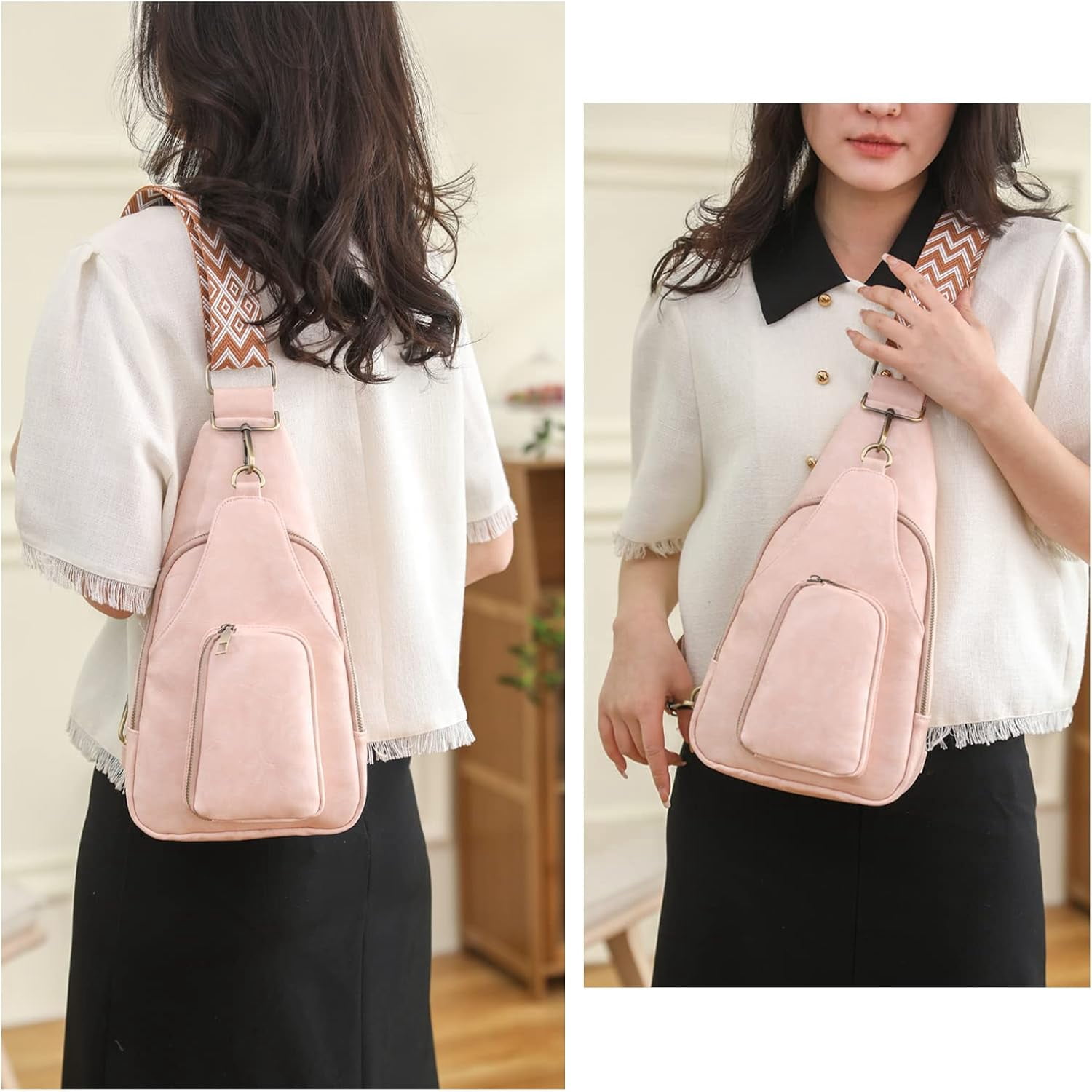 Sling Leather Bags For Women Crossbody Small Fanny Pack Purses Chest Bags With Guitar Strap For Lady