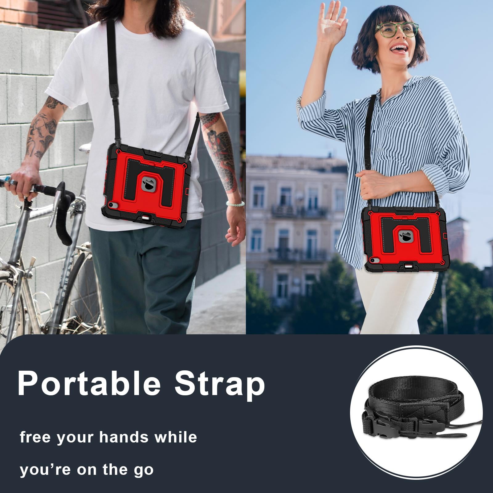 ELEHOLD 3-Layer Rugged Case For Apple iPad Air 11‑inch (M4) 2026, Heavy Duty Shockproof Logo Visible Foldable Kickstand Drop Protection Cover with Pencil Holder + Shoulder Strap, Black+Red