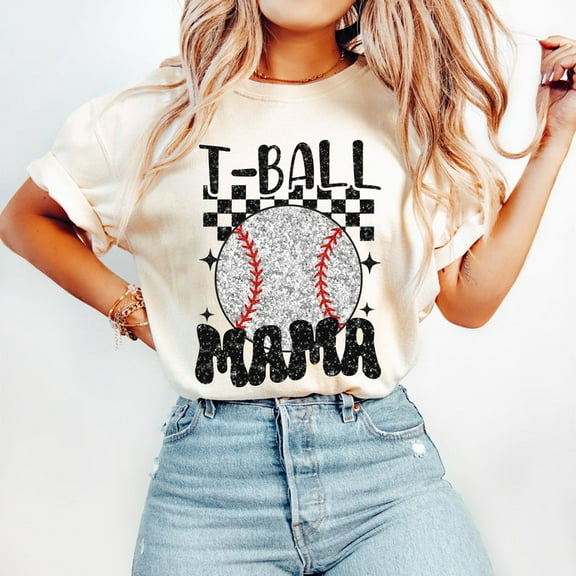 Retro T-Ball Mama T-Shirt, Glitter Baseball Mom Tee, Sublimation Game Day Shirt, Cute Sports Tee for Softball & Baseball Lovers