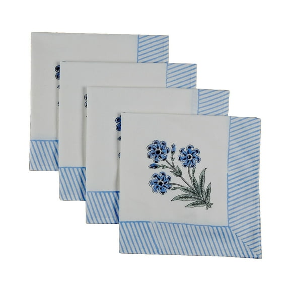 Nirvella Cotton Block Print Cloth Napkins Set of 4 – 20x20in Reusable Blue Floral