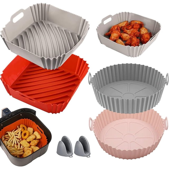 Air Fryer Silicona 6Pcs Kit (Cuadrado y Redondo), Accesorios Freidora de Aire, Bandeja para Hornear Reutilizable, para Cocina, Microondas, Baking, Horno