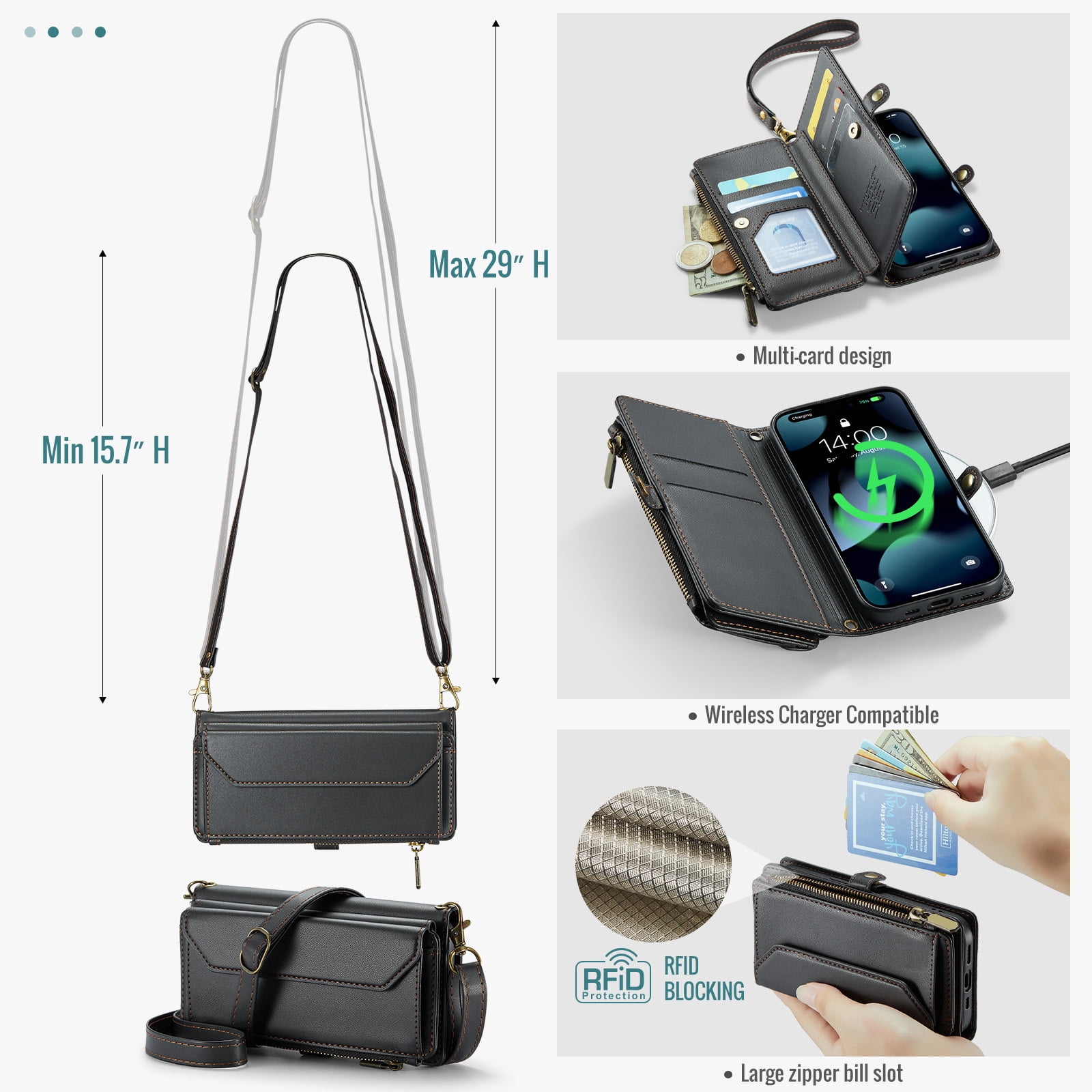 Asuwish Compatible with iPhone 15 Pro 6.1 inch Zipper Wallet Phone Case Tempered Glass Screen Protector Crossbody Lanyard Strap Flip Card Holder Slot Cell Cover for i Phone15 i15 15Pro Women Black