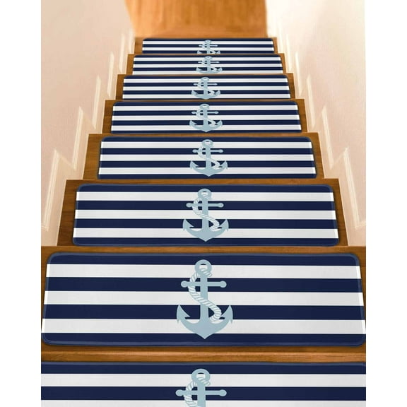 Navy Blue Stripe Nautical Stair Treads for Wooden Steps Indoor Runner Rug Carpet, Aqua Anchor Summer Coastal 4 Pieces Peel and Stick Staircase Step Treads Covers Washable Throw Door Mats, 30"x8"