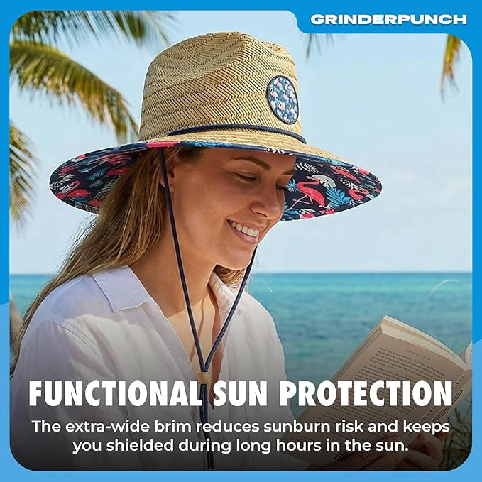 Grinderpunch Lifeguard Hat Mens Straw Sun Hat for Beach, Outdoor, and Travel | UPF 50+ Sun Protection | Wide Brim Straw Beach Hat | Classic Sun Hat for Men and Women ( Flamingo Palm )