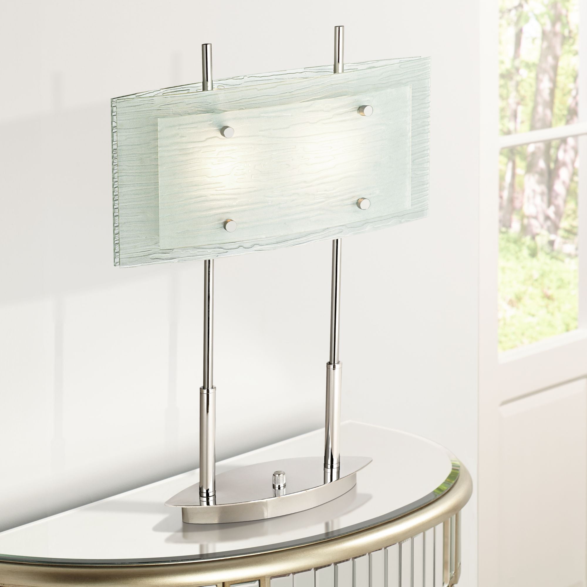 Possini Euro Design Modern Desk Lamp Chrome Satin Nickel Frosted Slump Glass Shade Dimmer Switch For Living Room Bedroom Office