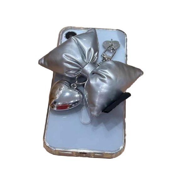 Y2K Style Love Heart Keychain with Silver Butterfly Knot Detail Cute 3D Bowknot Phone Strap Chain Anti-lost Lanyard