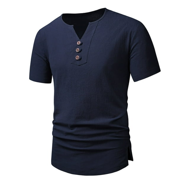 Playeras Y Camisas Para Hombre Camisa de manga corta de algodón y lino de primavera y verano para hombre, camisa de cuello abotonado de un solo pecho de Color sólido (Navy, L)