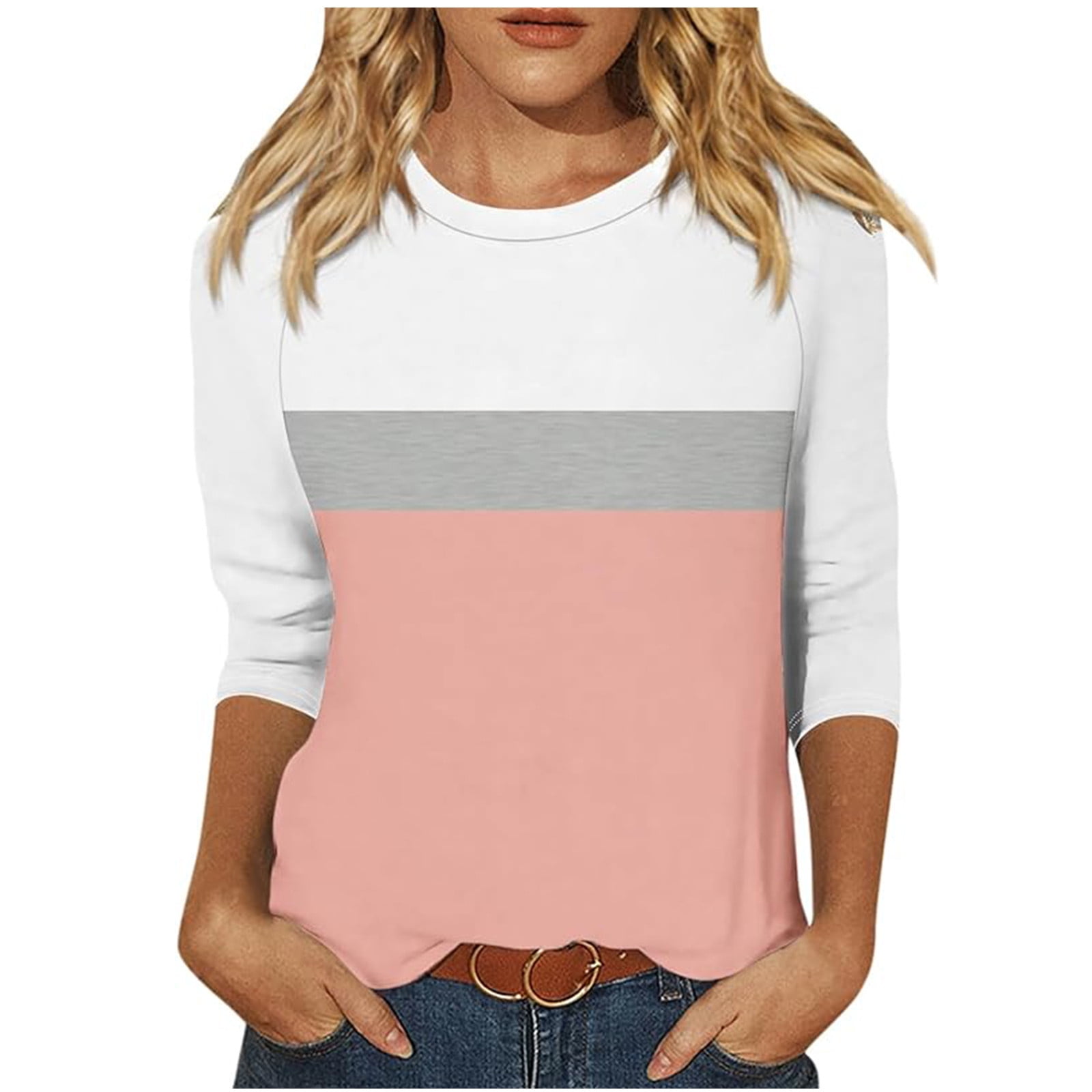 Timegard Hauts pour Femmes Col Rond Manches 3/4 T-Shirts Confortables à Blocs de Couleur Automne Décontracté Ample Blouse