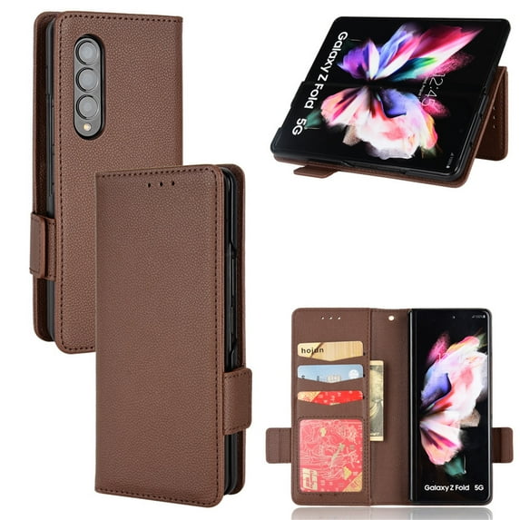 Wallet Case for Samsung Galaxy Z Fold4, Soft Silicone Lychee Pattern PU Leather Shockproof Flip Cover with Card Slots Holder Magnetic Clasp Lock Drop Resistant Kickstand Phone Case,Brown
