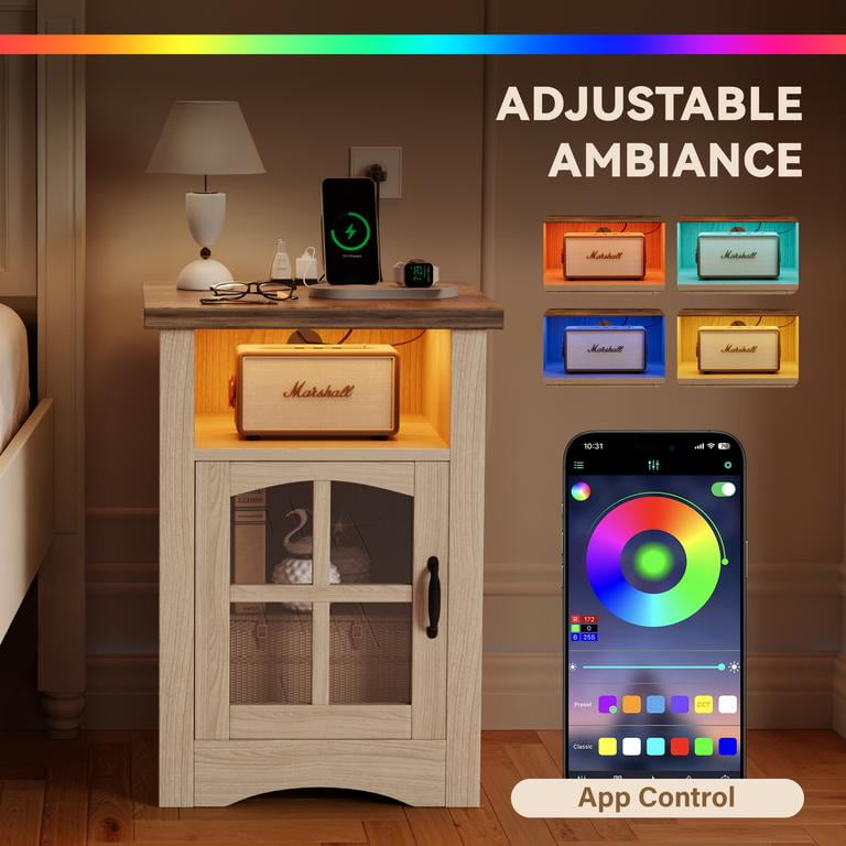 Homall Nightstand with Charging Station & Adjustable LED Lights, End Table Bedside Table with Glass Door & Open Shelf for Bedroom Living Room, Natural