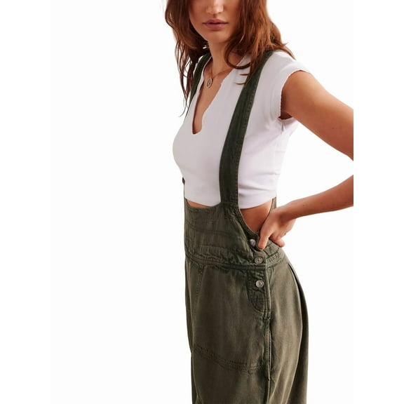 Women'S Loose Casual Side Sleeveless Denim Adjustable Romper Jumpsuit with Pockets Army Green S