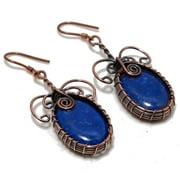 Lapis Lazuli Gemstone Copper Wire Wrap Drop Dangle Earrings Jewelry 2.10" SA 32