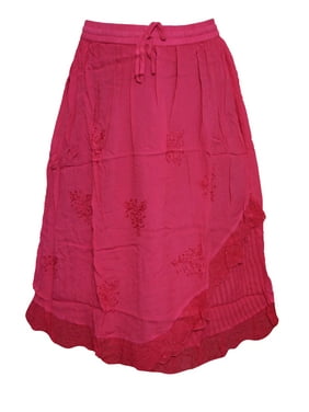 Mogul Womens Peasant Skirts Pink Embroidered A-line Bohemian Skirts