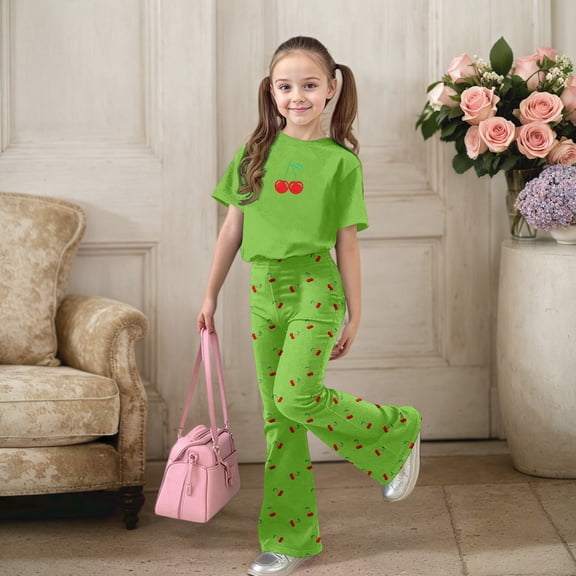 FYDUU Girls 2 Piece Outfit Cherry Print Short Sleeve T Shirt Tops and Flared Pants Two Piece Set Fashion Casual Back to School Clothes Stylish Wear