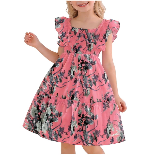Vestido de Manga Corta con Bolsillos sin Mangas Cuello Redondo Cargo-Estilo Bolsillos de Pecho Tejido Y Falda Fluida para Niños Y Niñas