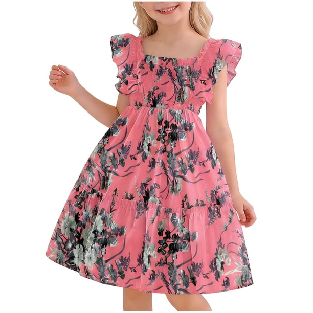 Vestido de Manga Corta con Bolsillos sin Mangas Cuello Redondo Cargo-Estilo Bolsillos de Pecho Tejido Y Falda Fluida para Niños Y Niñas