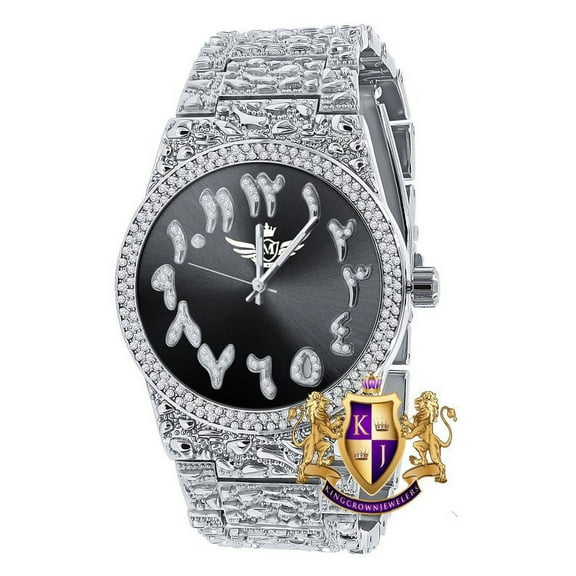 Black Onyx Dial Arabic Numeral Face White Gold Tone Simulated Diamond Nugget Style Men's Steel Watch 44mm