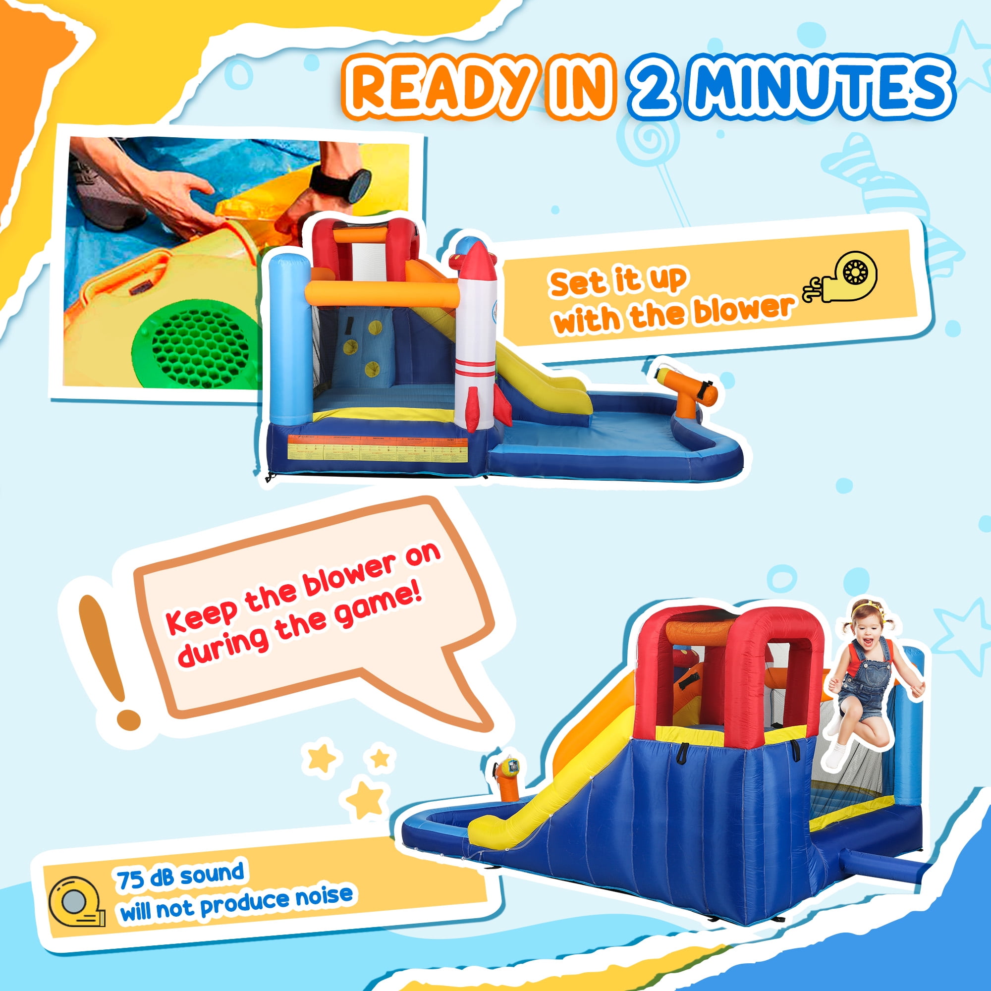 Qaba Inflatable Bounce House, Kids Water Slide with Splash Pool, Trampoline, Climbing Wall, Cannon, 5 in 1 Kids Outdoor Fun with 550W Blower