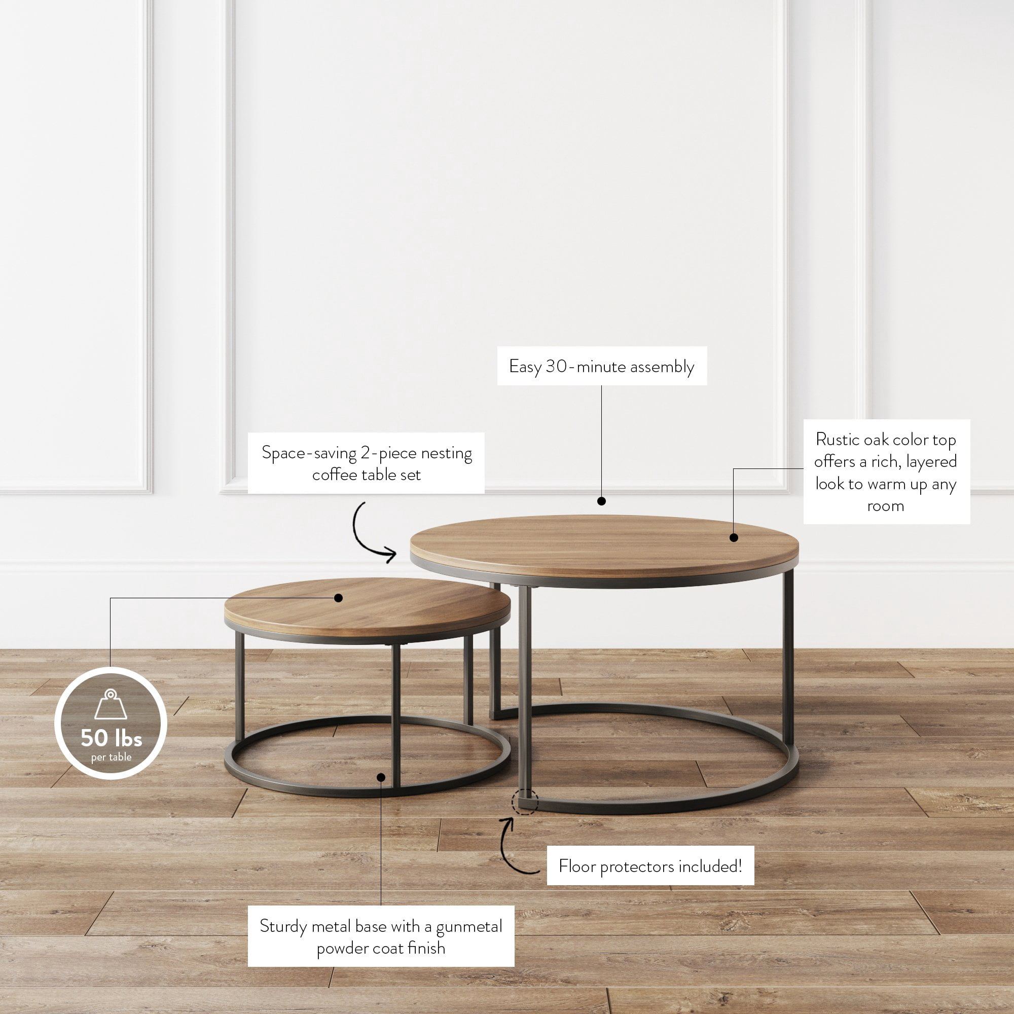 Nathan James Stella Round Modern Nesting Coffee Table Set of 2, Stacking Living Room Accent Cocktail Tables with an Industrial Wood Finish and Powder Coated Metal Frame, Reclaimed Oak/Black